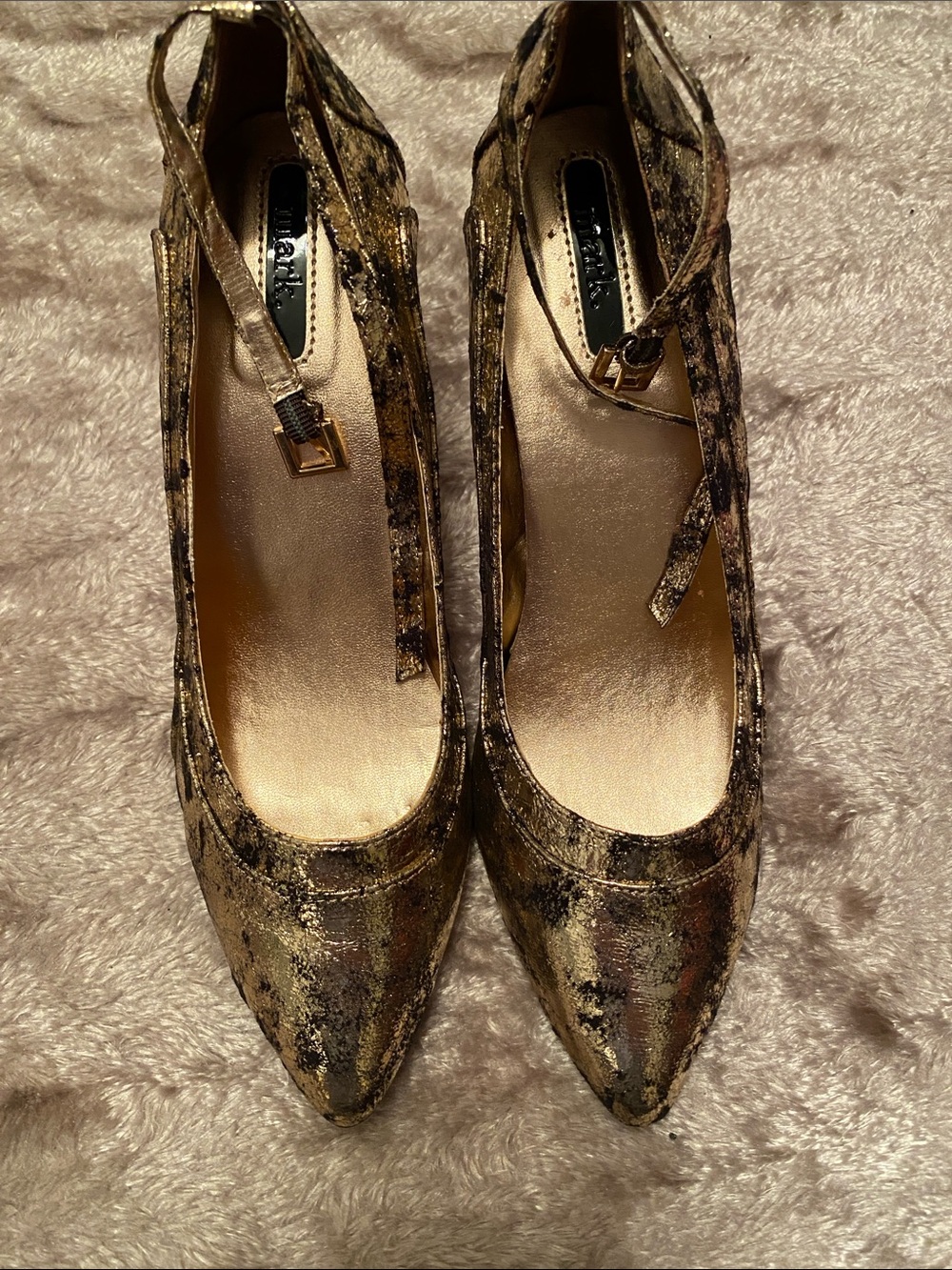 Mark. Gold Metallic Pointed-Toe Heels with Ankle Strap